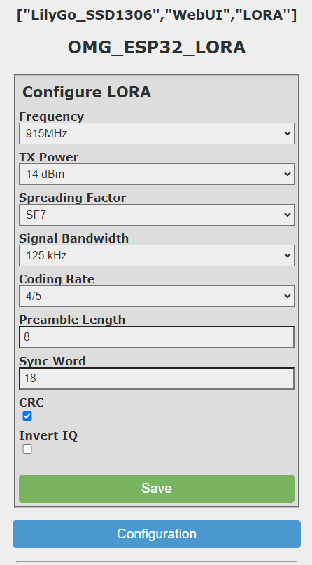 LoRa configuration page